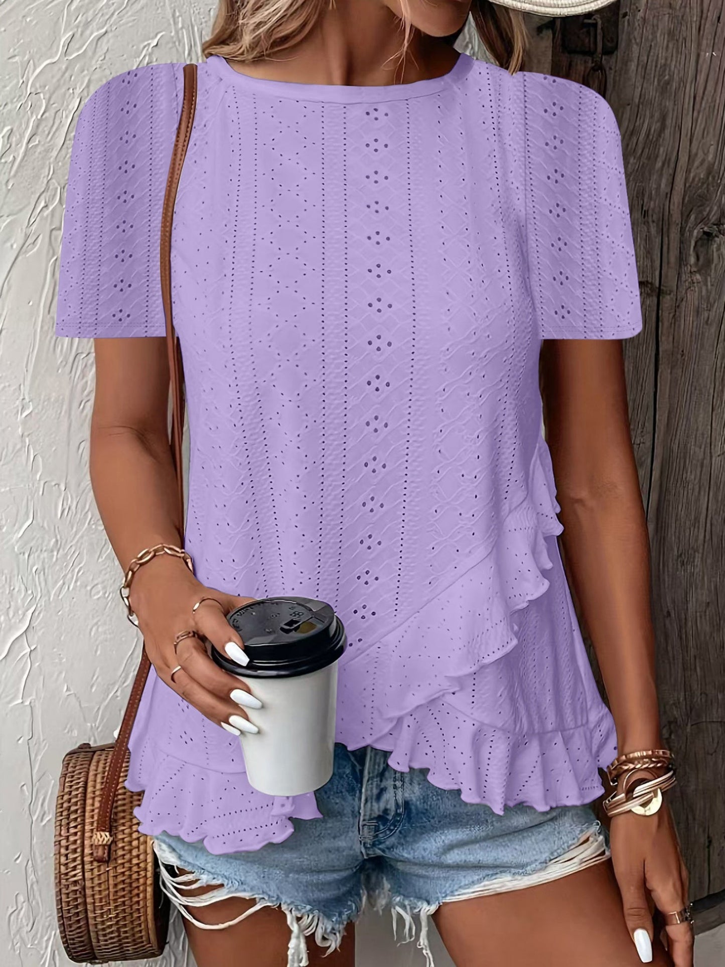 Jacquard Hollow Out Ruffle Crew Neck Short Sleeve T-shirts