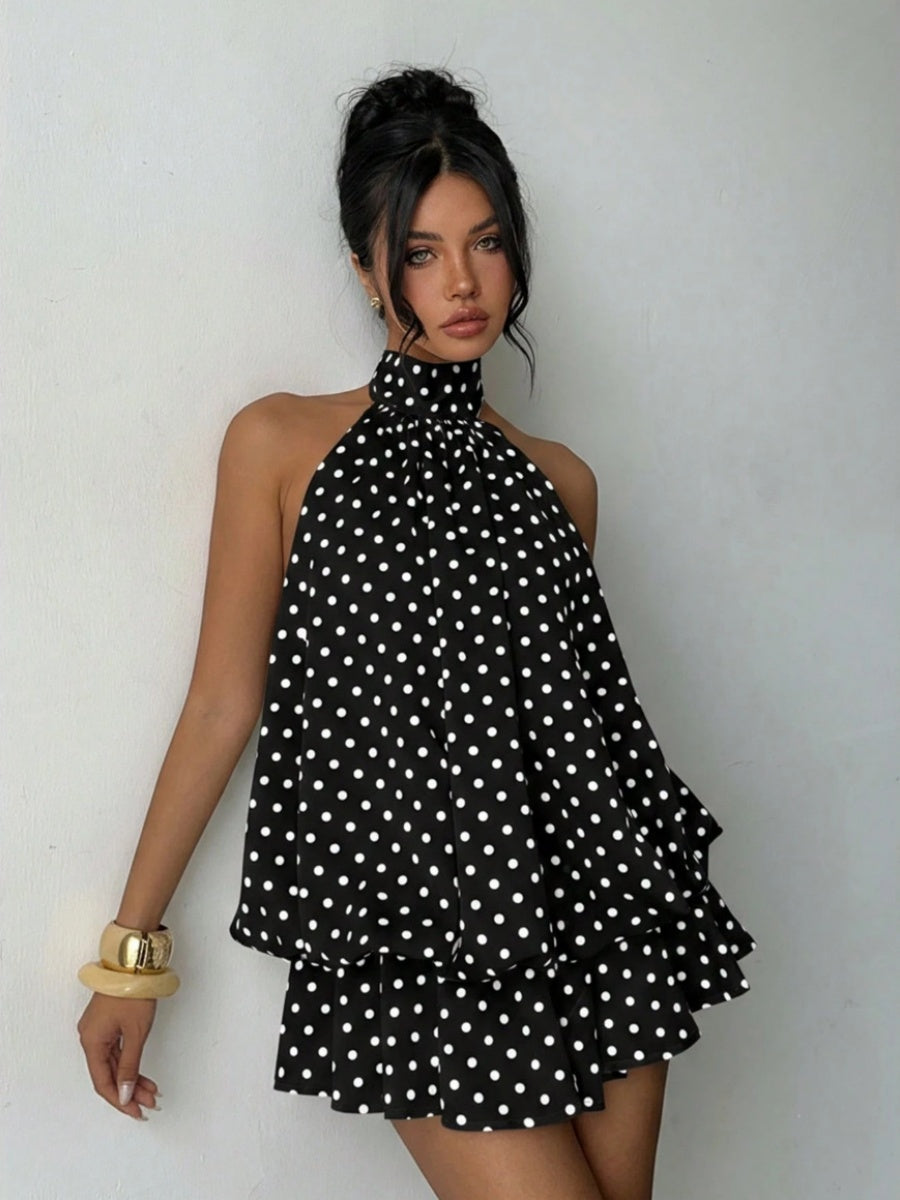 Halter Backless Lace Up Bud Polka Dots Mini&Short Dresses