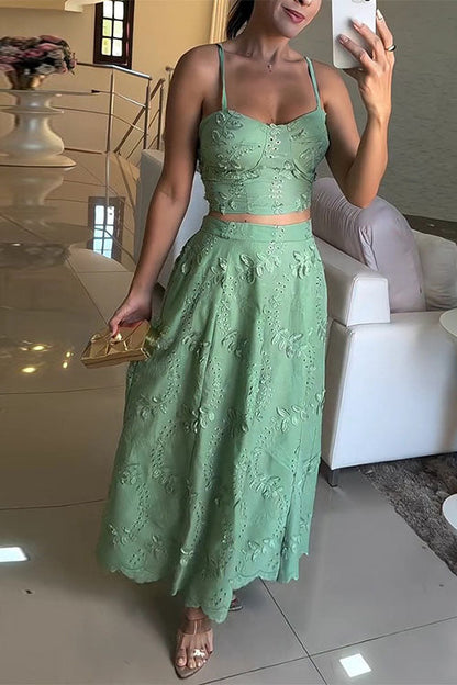 Margovil Embroidery Crop Cami Top and Elastic Waist Swing Maxi Skirt Set