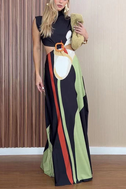 Margovil Mockneck Sleeveless Cut Out Waist Printed Maxi Dress