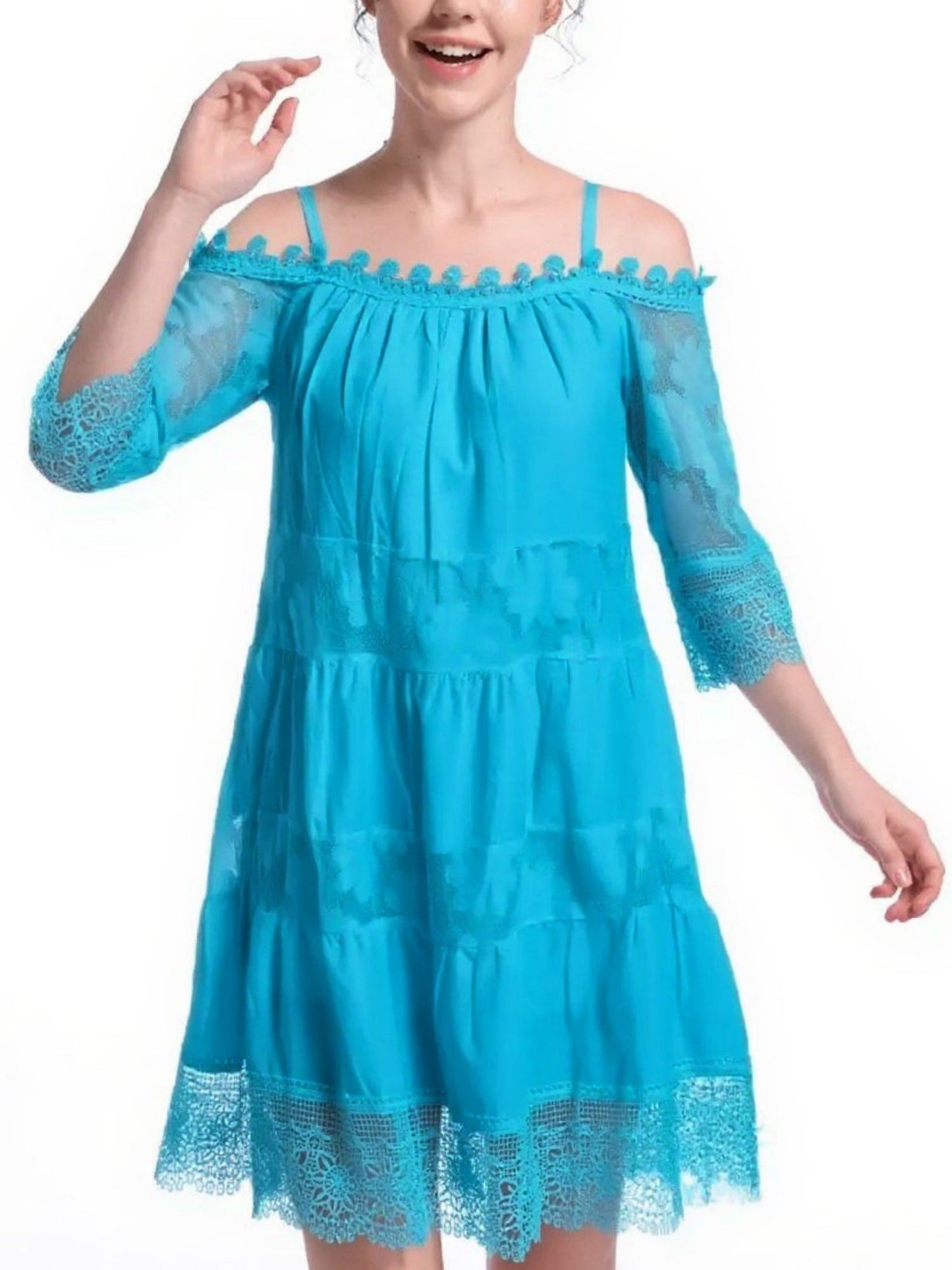 Lace Trim Hollow Out Splicing Spaghetti Strap Off-shoulder Mini&Short Dresses