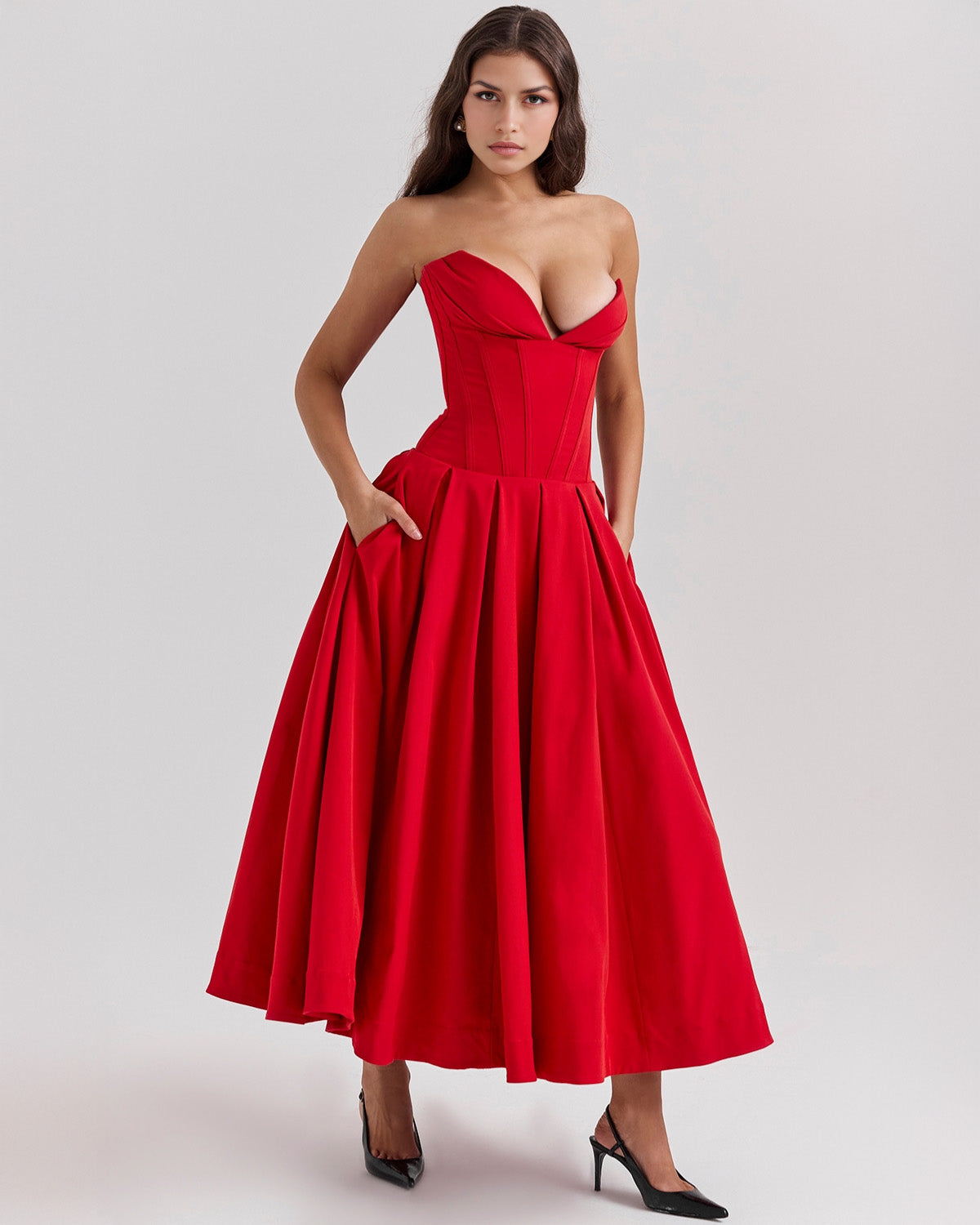Strapless Pointed Sweetheart Corset Bodice Box Pleat A-Line Midi Dress