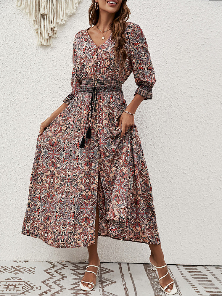 Deep V Neck 3/4 Sleeve Smocked Waist Tassel Tie Paisley Print Maxi Dress