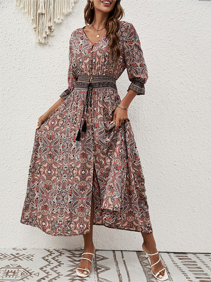 Deep V Neck 3/4 Sleeve Smocked Waist Tassel Tie Paisley Print Maxi Dress