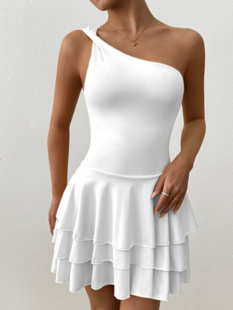 Slanted Shoulder Neck Backless Ruffle Mini&Short Dresses