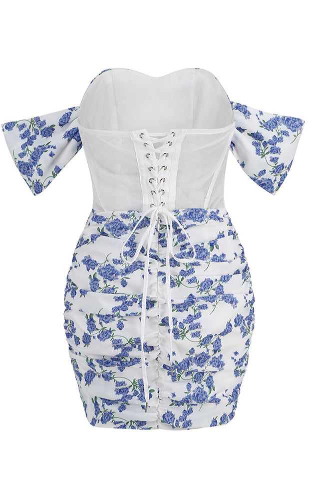 Floral Print Off Shoulder Corset Mesh Panel Ruched Bodycon Mini Dress
