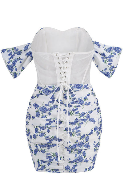 Floral Print Off Shoulder Corset Mesh Panel Ruched Bodycon Mini Dress
