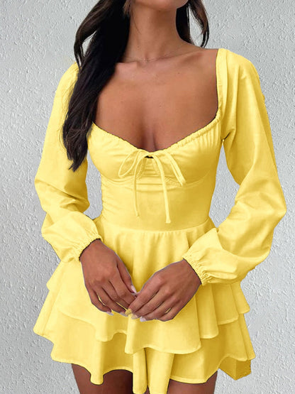 Temperament Grace Ruffle Long Sleeve Backless Lace Up Mini&Short Dresses
