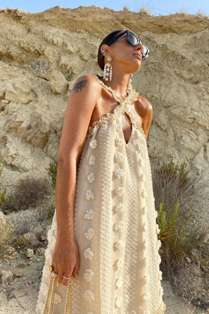 3D Floral Applique Halter Crisscross Tiered Maxi Dress
