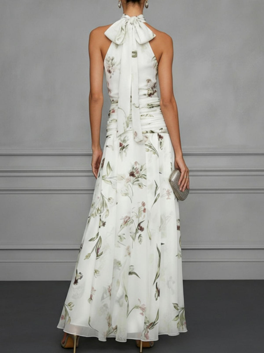 Halter Printed Temperament Waist Parties Maxi Dresses