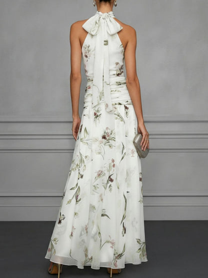Halter Printed Temperament Waist Parties Maxi Dresses