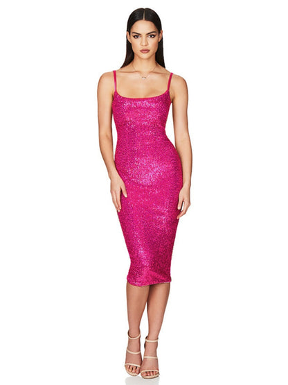 Sequined Backless Halter Dress
