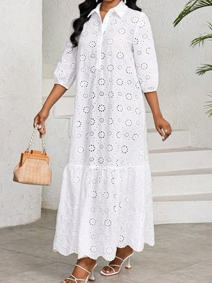 Three-quarter Sleeve Loose Shirt Collar Hollowed-out Lace Long Dress