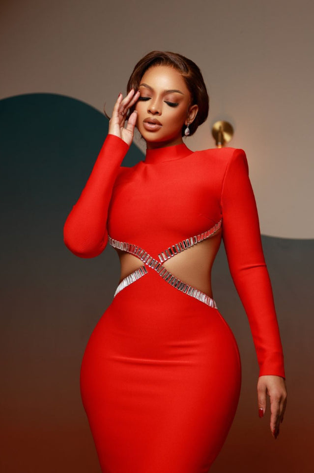 Mock Neck Crystal Trim Waist Cutout Long Sleeve Mermaid Maxi Dress