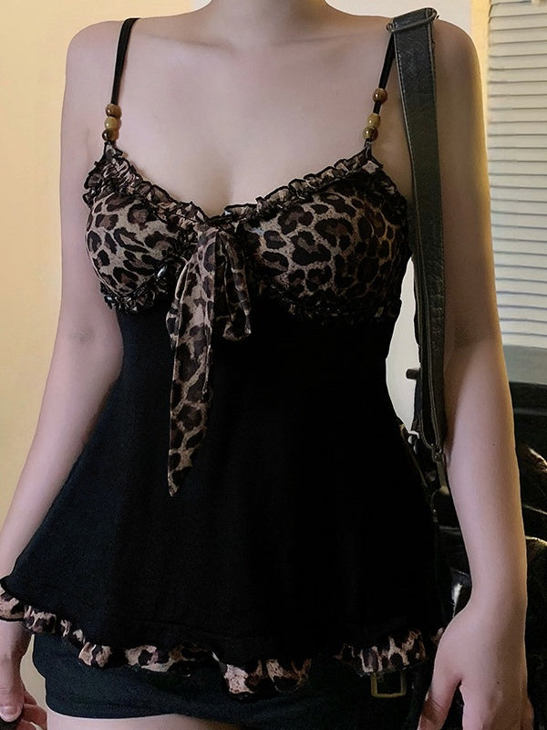 Black Leopard Print Color-blocked Mesh A-line Camisole