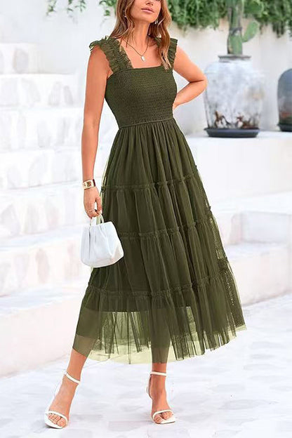 Square Neck Sleeveless Ruffle Tiered Midi Dress
