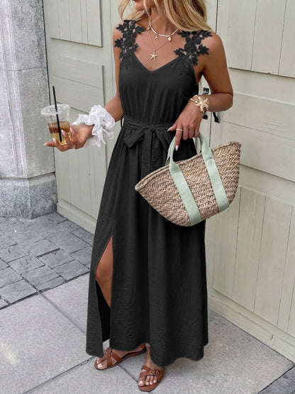 Embroidered Lace Patchwork Slit Bandage Maxi Dresses