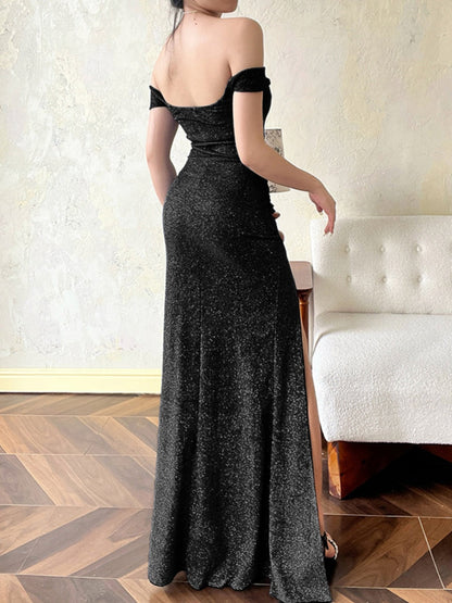 Fine Flash Off Shoulder Slit Wedding Bridesmaid Maxi Dresses