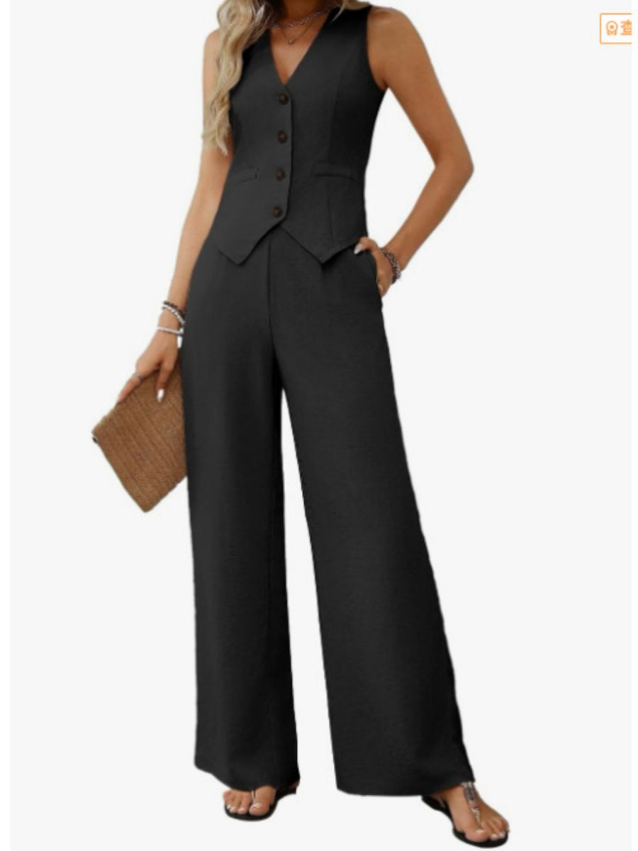 Two-piece Set Of Button-down Cropped Vest And Wide-leg Pants