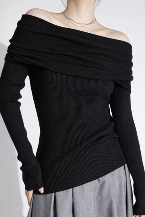 Margovil Off Shoulder Long Sleeves Ribbed Knit Sweater