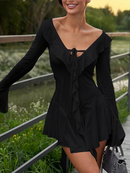 Ruffle V-neck Tie  Flare Sleeve Mini&Short Dresses