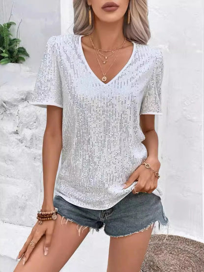 Sequins V-neck Short Sleeve T-shirt