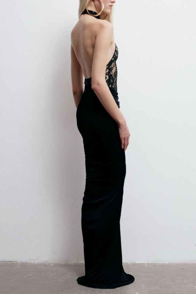 Floral Lace Halter High Neck Ruched Waist Column Maxi Gown