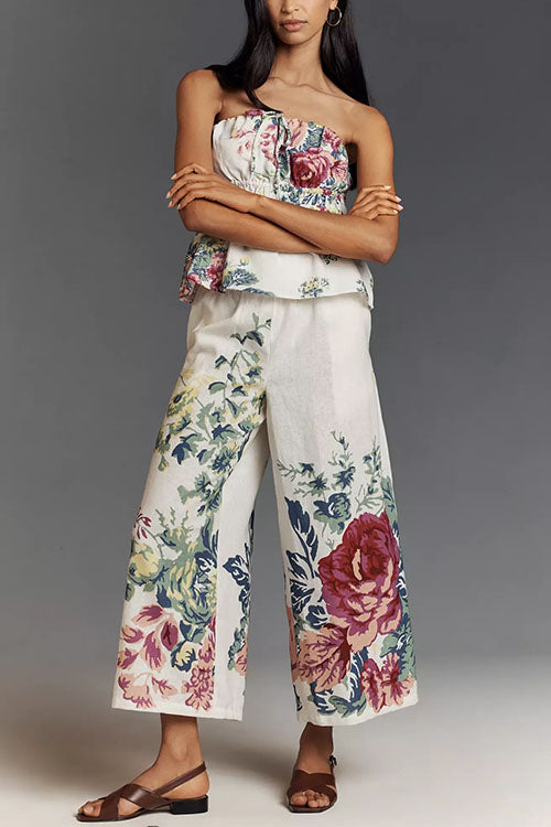 Margovil Floral Print Strapless Ruffle Tube Top and Smocked Waist Wide Leg Pants
