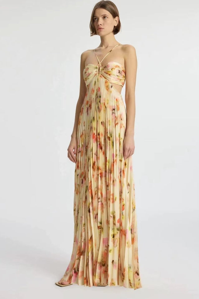 Halter Neck Plisse Pleated Watercolor Floral Waist Cutout Maxi Dress