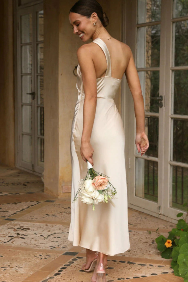 One Shoulder Knotted Strap Draped Bias Cut Satin Midi Dress