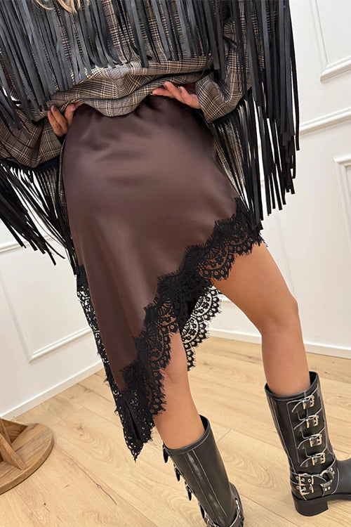 Margovil Lace Trim Side Slit Irregular Satin Skirt