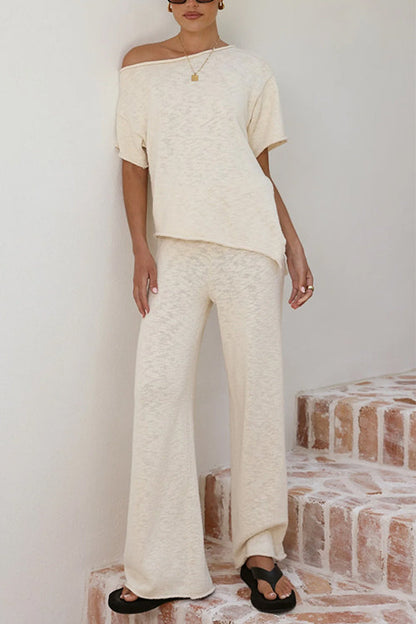Stylish Asymmetrical Shoulder Short Sleeves Knit Top