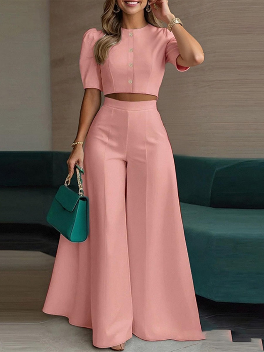 Cropped Buttons Jacket Wide-leg High-waisted Pants Set 2-piece Sets