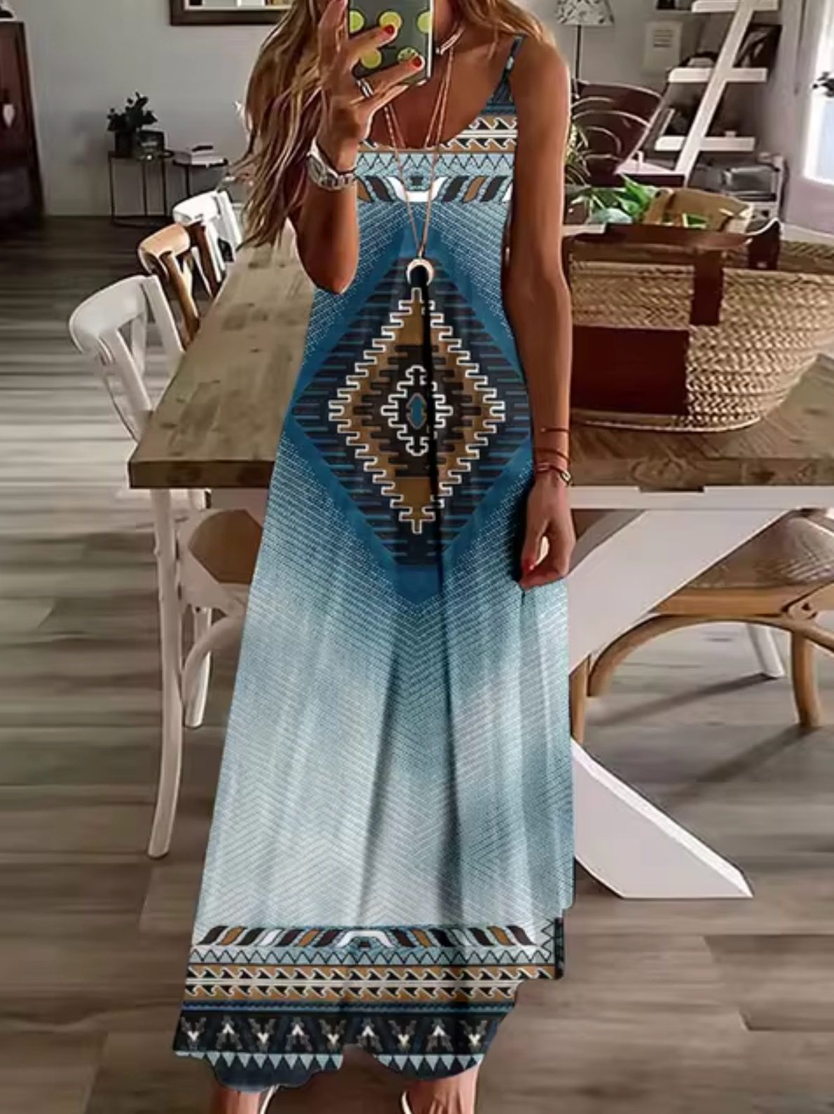Deep V-Neck Turtle Dreamcatcher Feather Print Spaghetti Strap Maxi Dress