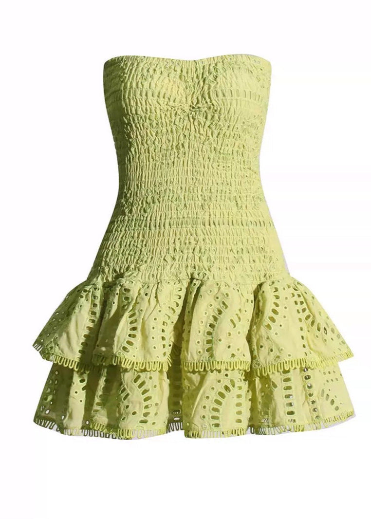 Strapless Smocked Geometric Print Tiered Ruffle Mini Dress