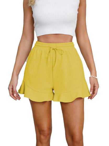 Ruffle Elastic Waistband Drawstring Cotton And Linen Shorts