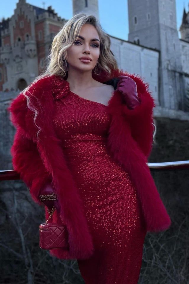One Shoulder Rosette Detail Long Sleeve Sequin Midi Dress