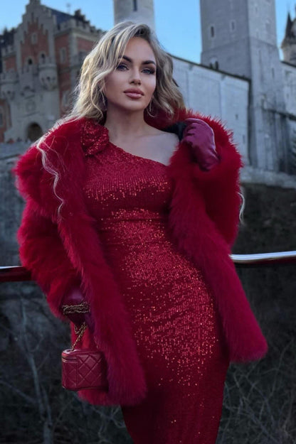 One Shoulder Rosette Detail Long Sleeve Sequin Midi Dress