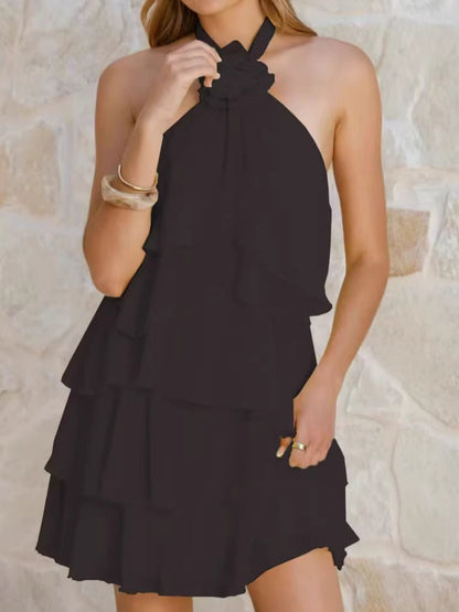 3D Flowers Halter Neck And Backless Layered Ruffles Sweet Mini&Short Dresses