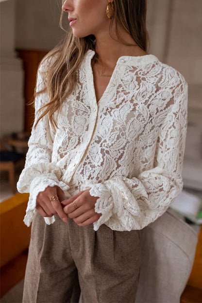 Margovil Ruffle Long Sleeves Button Up Lace Shirt