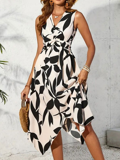 Irregular Printed Waist Midi Dresses