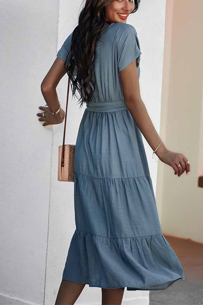 Button-Front Tie-Waist Tiered Short Sleeve Midi Shirt Dress