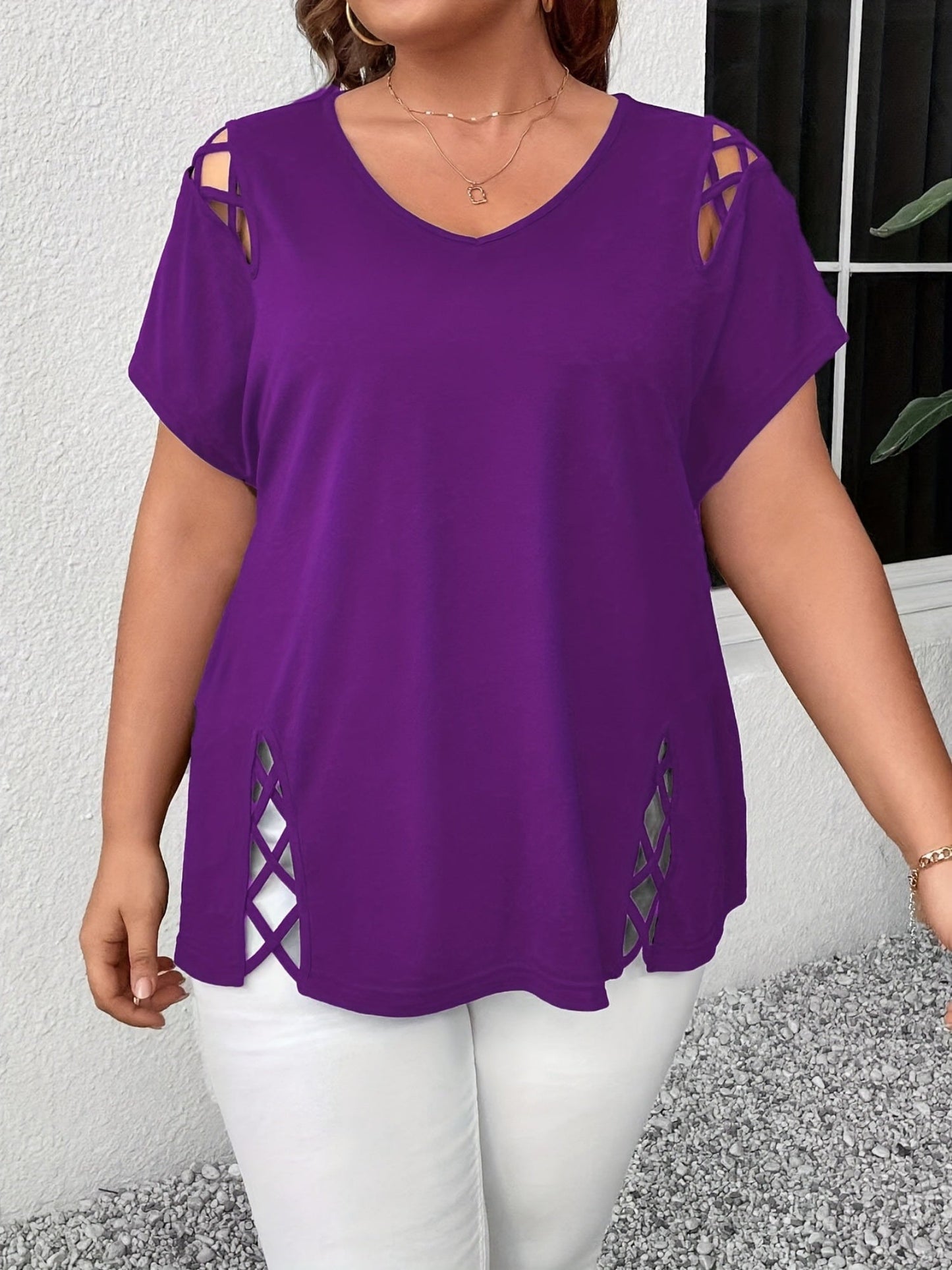 Hollow Out V-neck Cross Belt Short-sleeved T-shirt