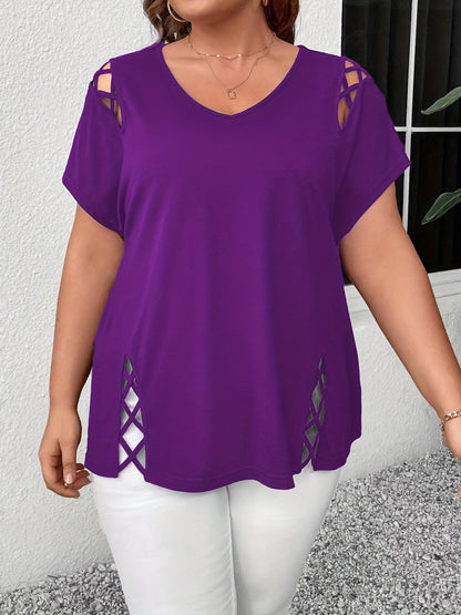 Hollow Out V-neck Cross Belt Short-sleeved T-shirt