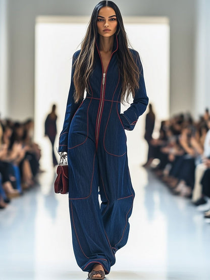 Slim-fit V-neck Casual Denim Jumpsuit With Large Pockets
