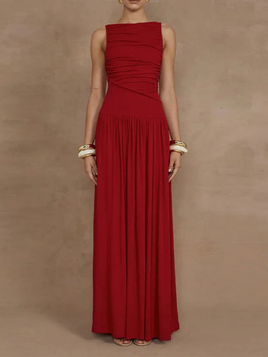 Slim-fit Pleated Solid Color Long Dress