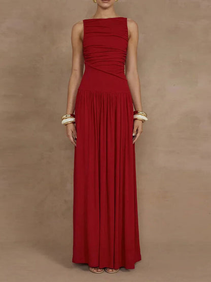 Slim-fit Pleated Solid Color Long Dress