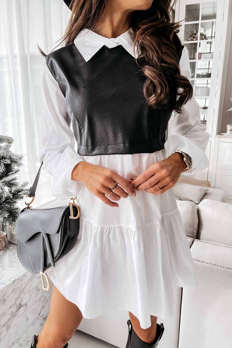 Collared Shirt Sleeve Faux Leather Panel Tiered Ruffle Mini Dress