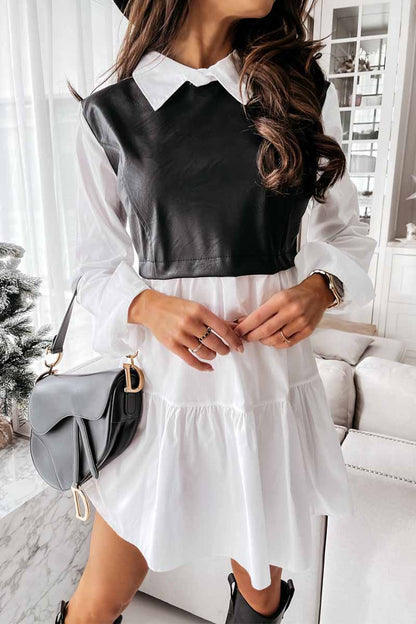 Collared Shirt Sleeve Faux Leather Panel Tiered Ruffle Mini Dress