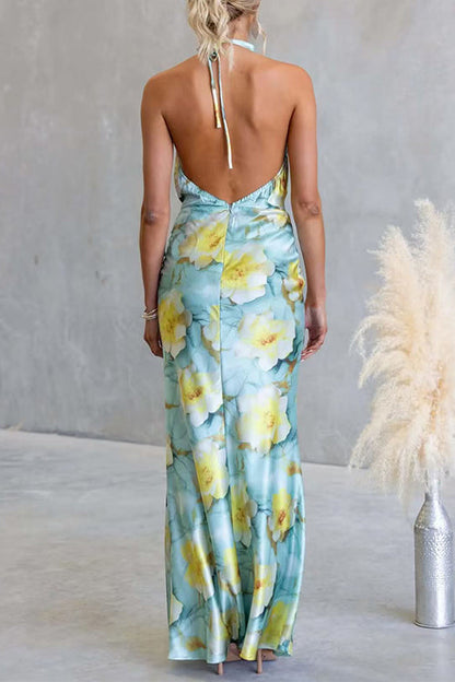 Halter Cowl Neck Open Back Floral Print Satin Maxi Dress